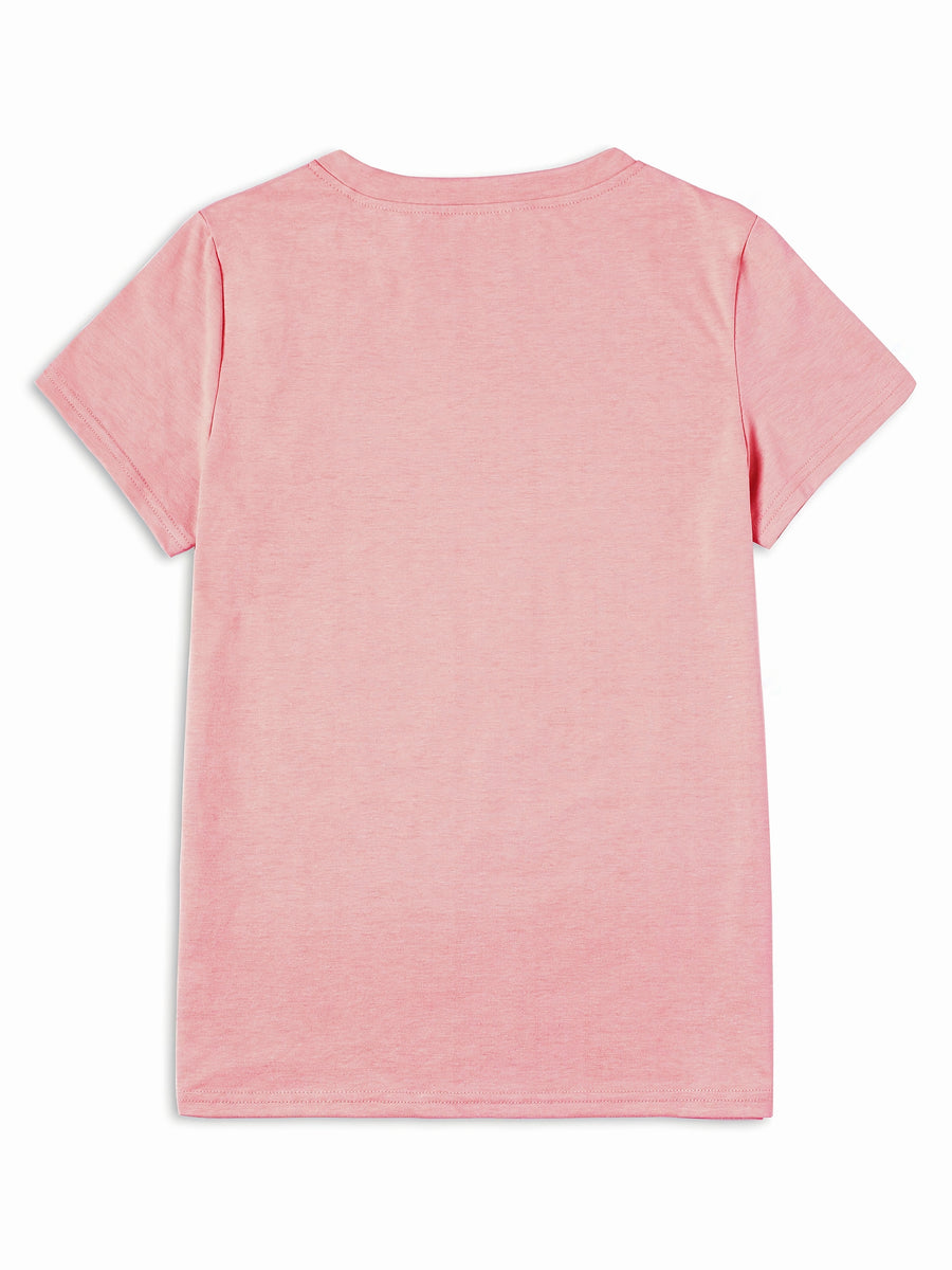 Printed Design Casual Crew Neck T-Shirt, Spring/Summer Fashion Women's T-Shirt [Printed Design – Not Textured] - Pink