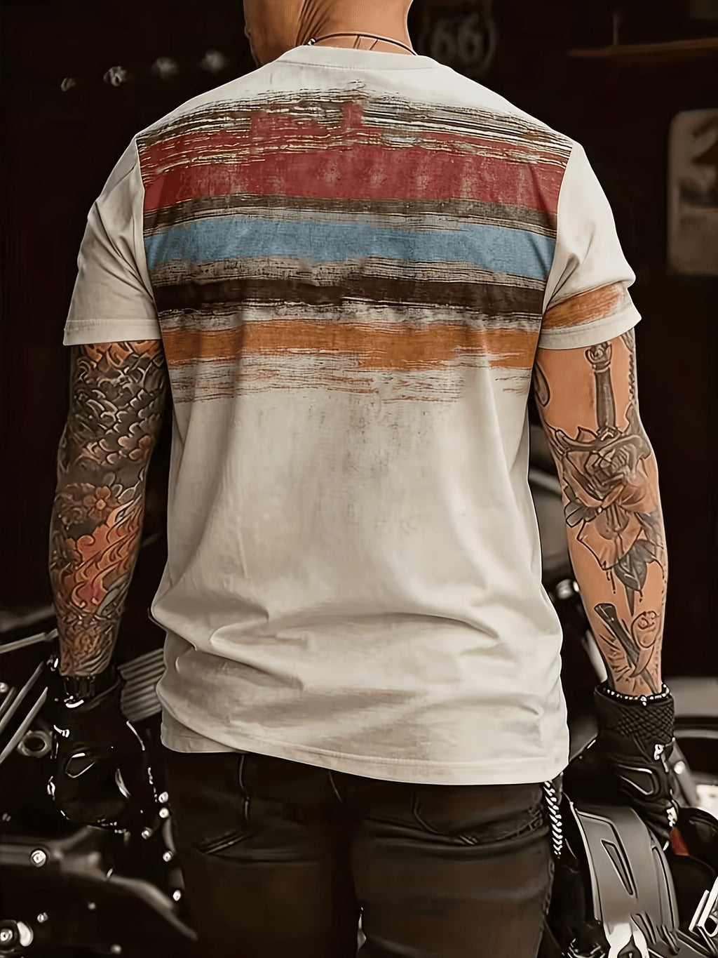 Vintage Washed Horizontal Stripe Men's T-Shirt, Western Vintage Distressed Texture Crew Neck Short Sleeve Casual Summer Top, Breathable Regular Fit for Daily and Formal Wear - Crew Neck Casual Top, Comfortable to Wear, Gift for Teens and Adults - Off-white
