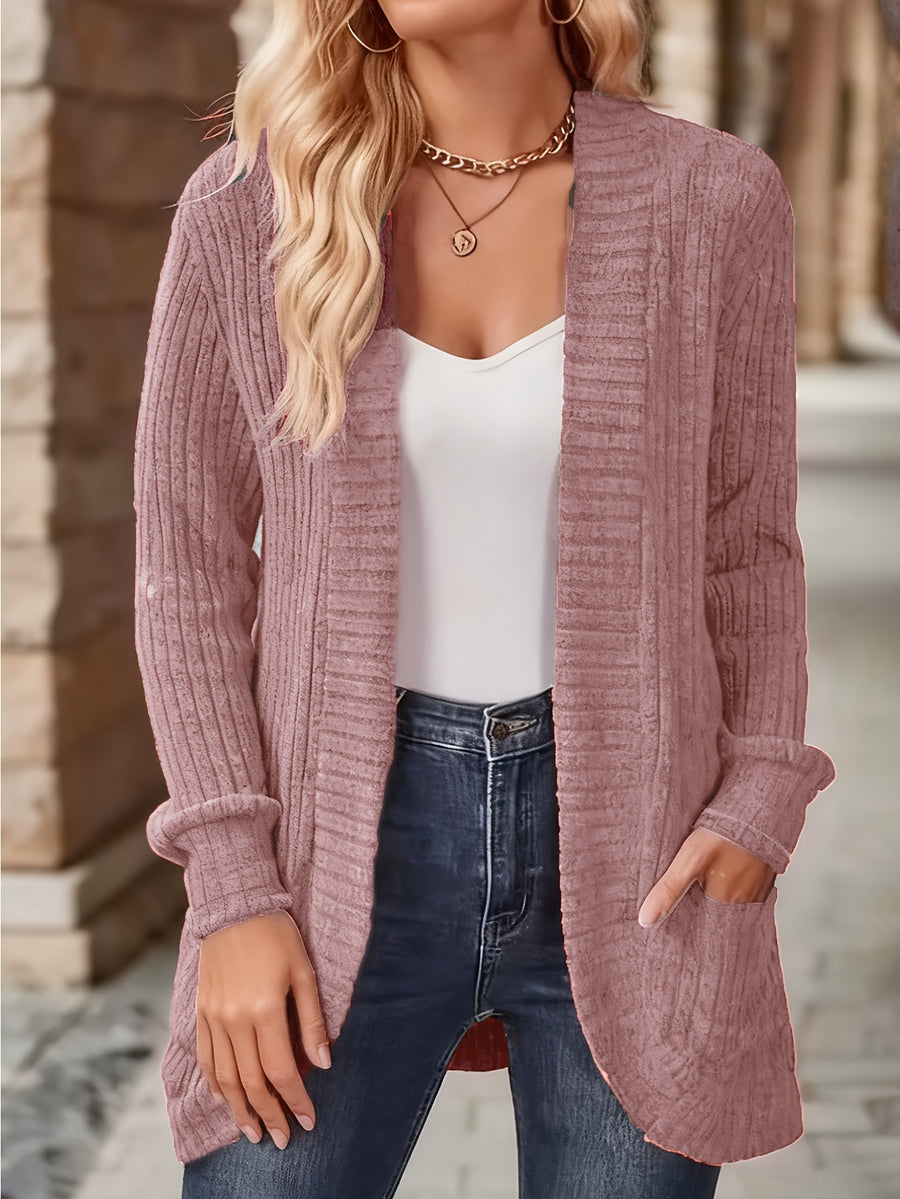 Women's Solid Color Brushed Casual Spliced Long Sleeve Cardigan - Dusty Rose