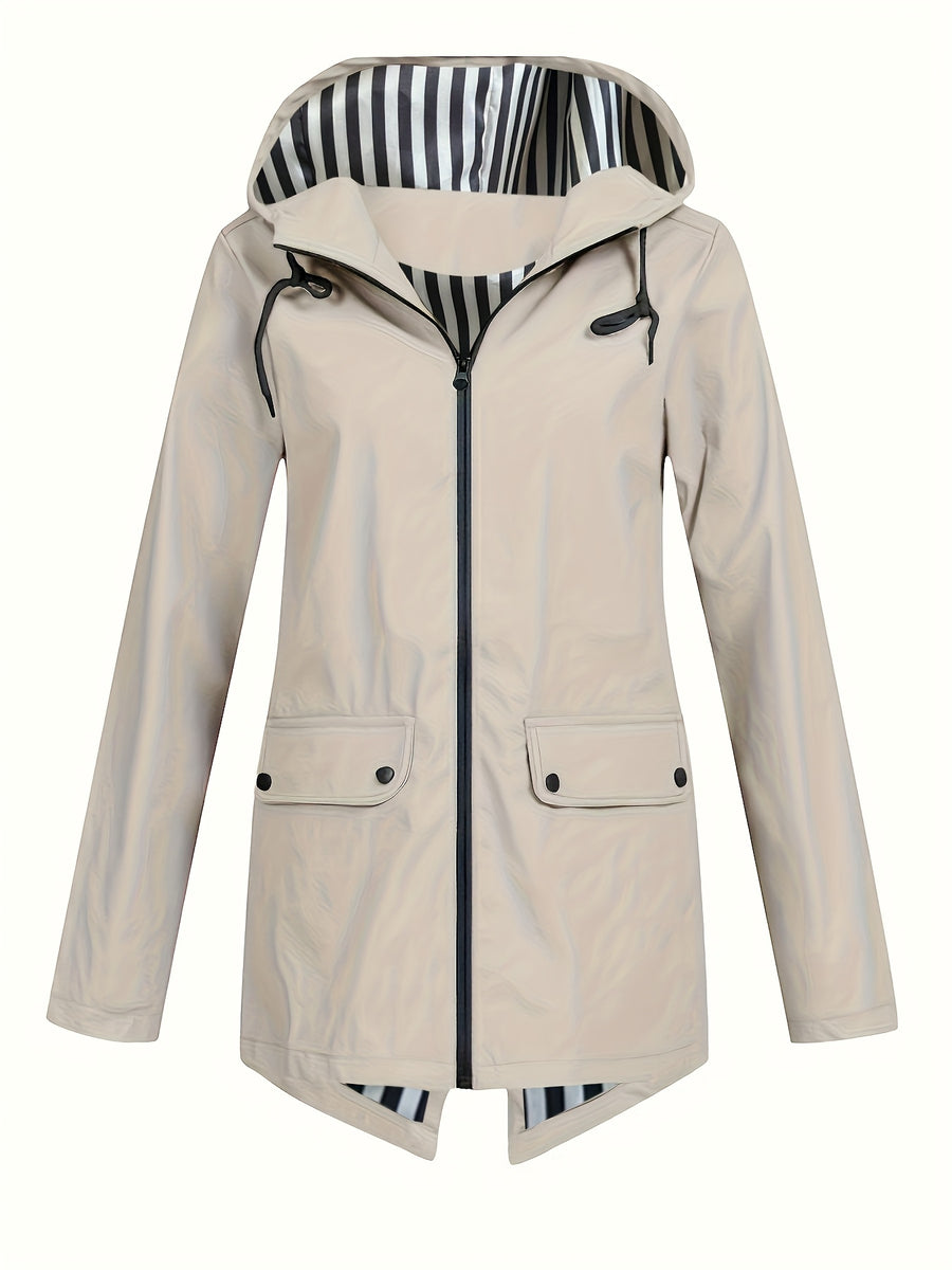 Autumn and Winter Striped Lined Hooded Windbreaker Jacket - Apricot