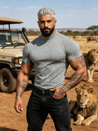 Summer Breathable Solid Color Half-Neck Short Sleeve 2pcs Set Men'S Shaping Slimming High-Elastic Fabric Light Luxury Fashion Fitness Sports Daily Wear Easy Premium Feel Versatile Base Top - Light Grey