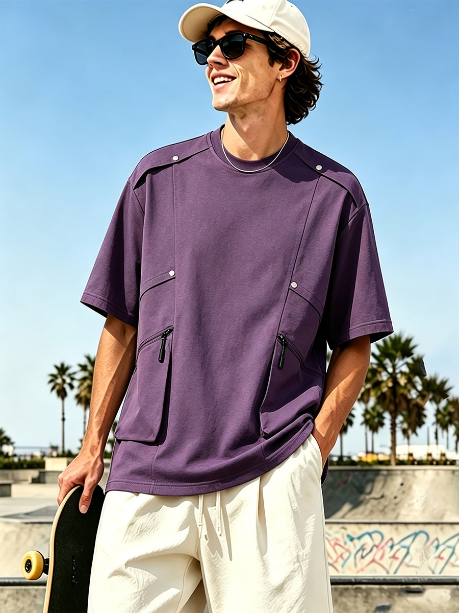 [Qiaoximei OBM] 2026 Summer New Men'S High-Quality Multi-Pocket Versatile Round Neck Short T-Shirt - Fashionable Street Beach Party Energetic Sports Men'S Trendy Loose Special Short Sleeve T-Shirt - Purple