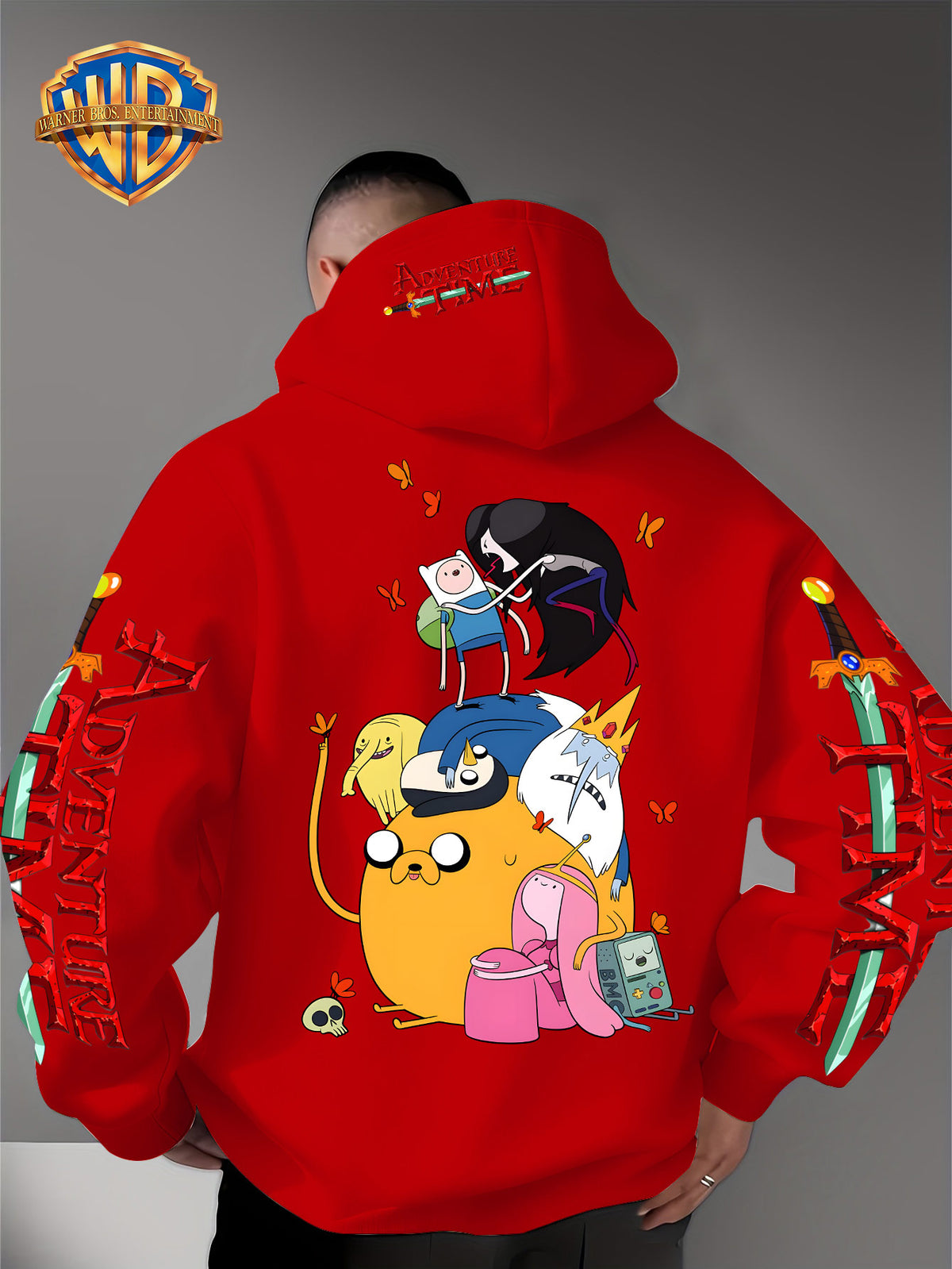 Warner Bros. Men's Adventure Time Full Cast Themed Trendy Fashion Pullover Hoodie with Family Portrait Character Print - Red
