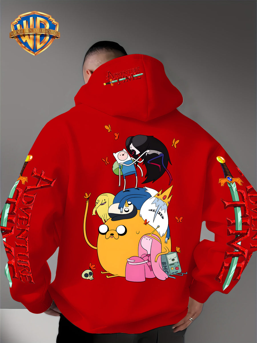 Warner Bros. Men's Adventure Time Full Cast Themed Trendy Fashion Pullover Hoodie with Family Portrait Character Print - Red