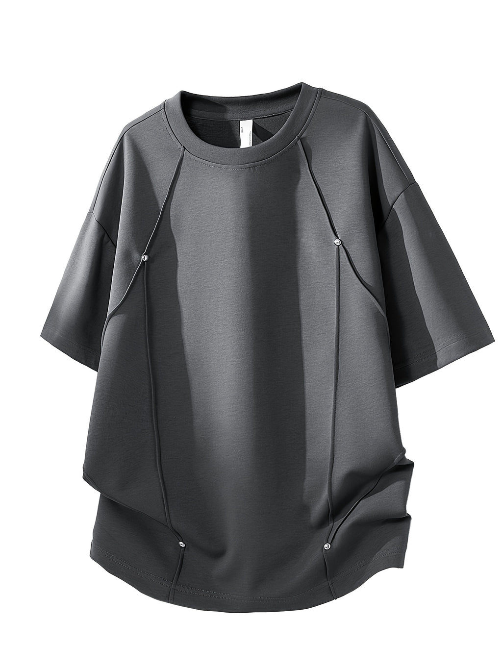 American Retro Easy Solid Color Patchwork Striped Rivet Design Casual Trendy All-Match Fashion Loose Sports Casual Soft Comfortable Breathable Round Neck Men'S Off-Shoulder Short Sleeve T-Shirt - Dark Gray