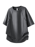American Retro Easy Solid Color Patchwork Striped Rivet Design Casual Trendy All-Match Fashion Loose Sports Casual Soft Comfortable Breathable Round Neck Men'S Off-Shoulder Short Sleeve T-Shirt - Dark Gray