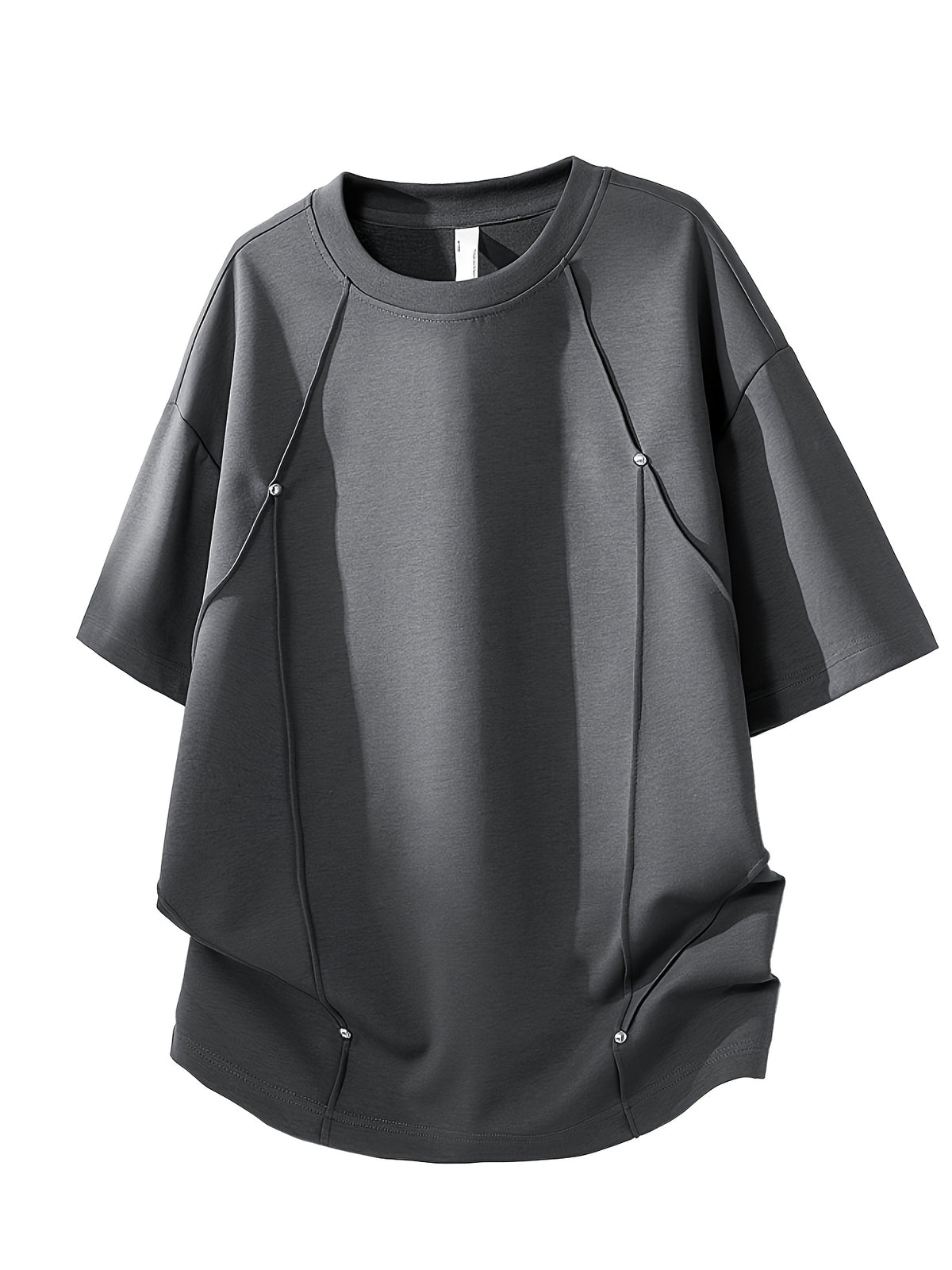 American Retro Easy Solid Color Patchwork Striped Rivet Design Casual Trendy All-Match Fashion Loose Sports Casual Soft Comfortable Breathable Round Neck Men'S Off-Shoulder Short Sleeve T-Shirt - Dark Gray