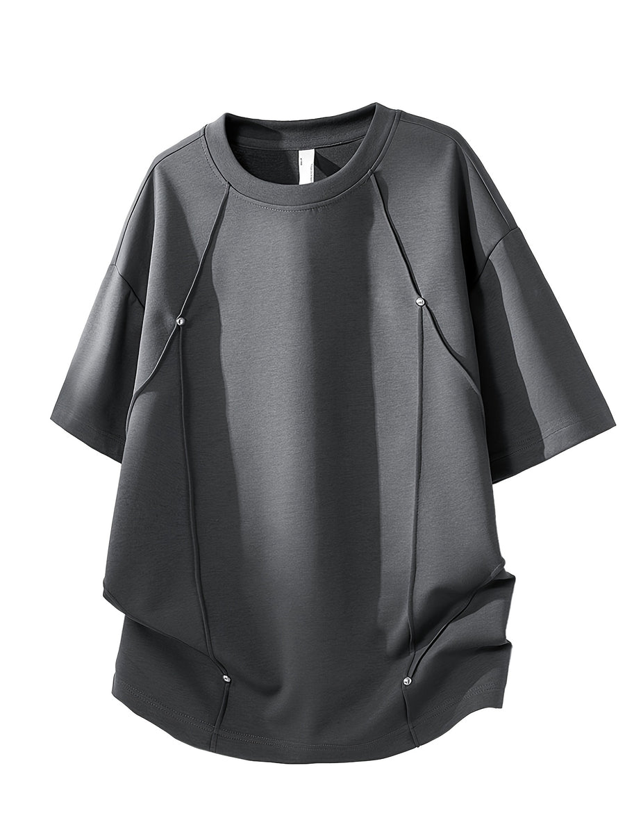 American Retro Easy Solid Color Patchwork Striped Rivet Design Casual Trendy All-Match Fashion Loose Sports Casual Soft Comfortable Breathable Round Neck Men'S Off-Shoulder Short Sleeve T-Shirt - Dark Gray