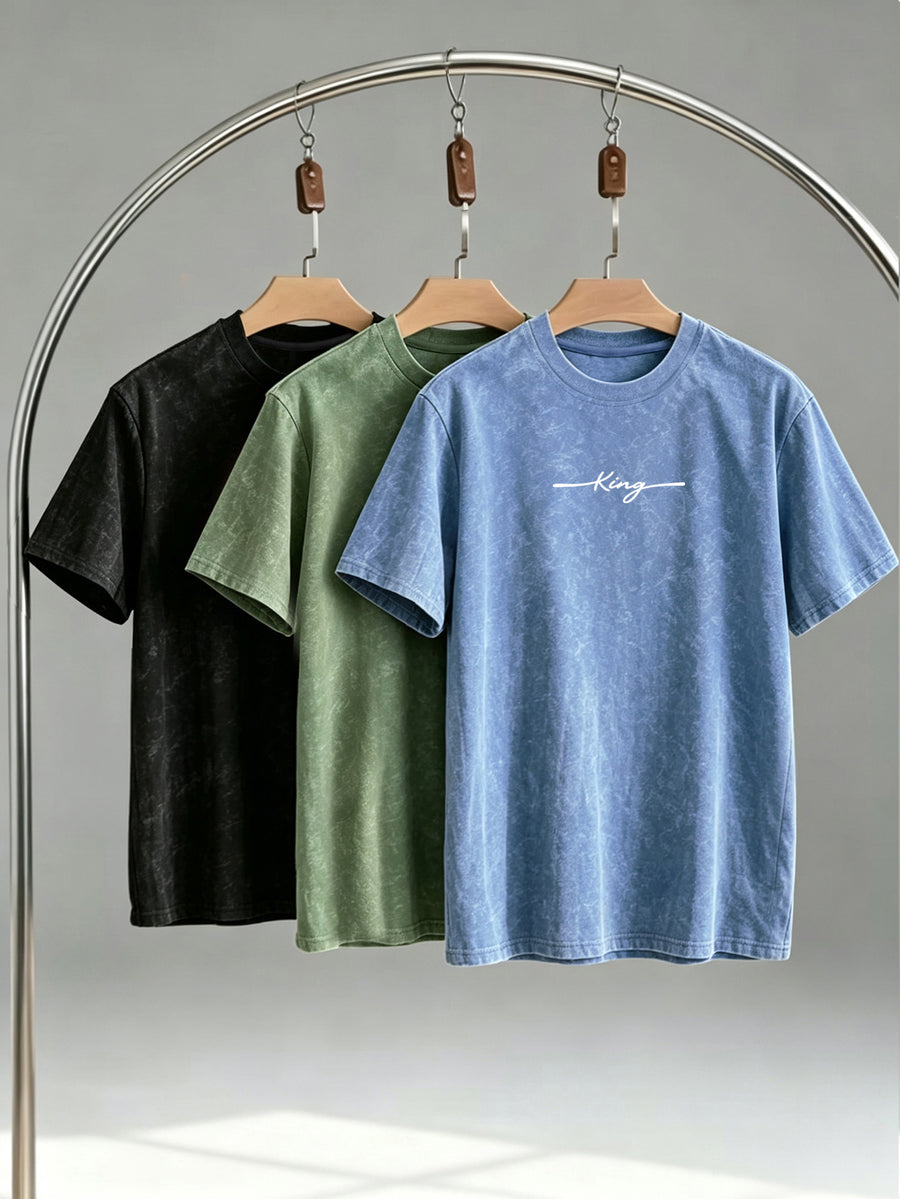Street Style Distressed Washed Crew Neck Short Sleeve T-Shirt Men's 3pcs Set King Print Casual Top - Black+Green+Light Blue