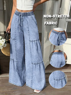 26AW GILIPUR Women'S Drawstring Elastic Waist Wide Leg Denim Pants | Solid Tiered Flowy Fit - Elegant Office Commute Trousers - Blue