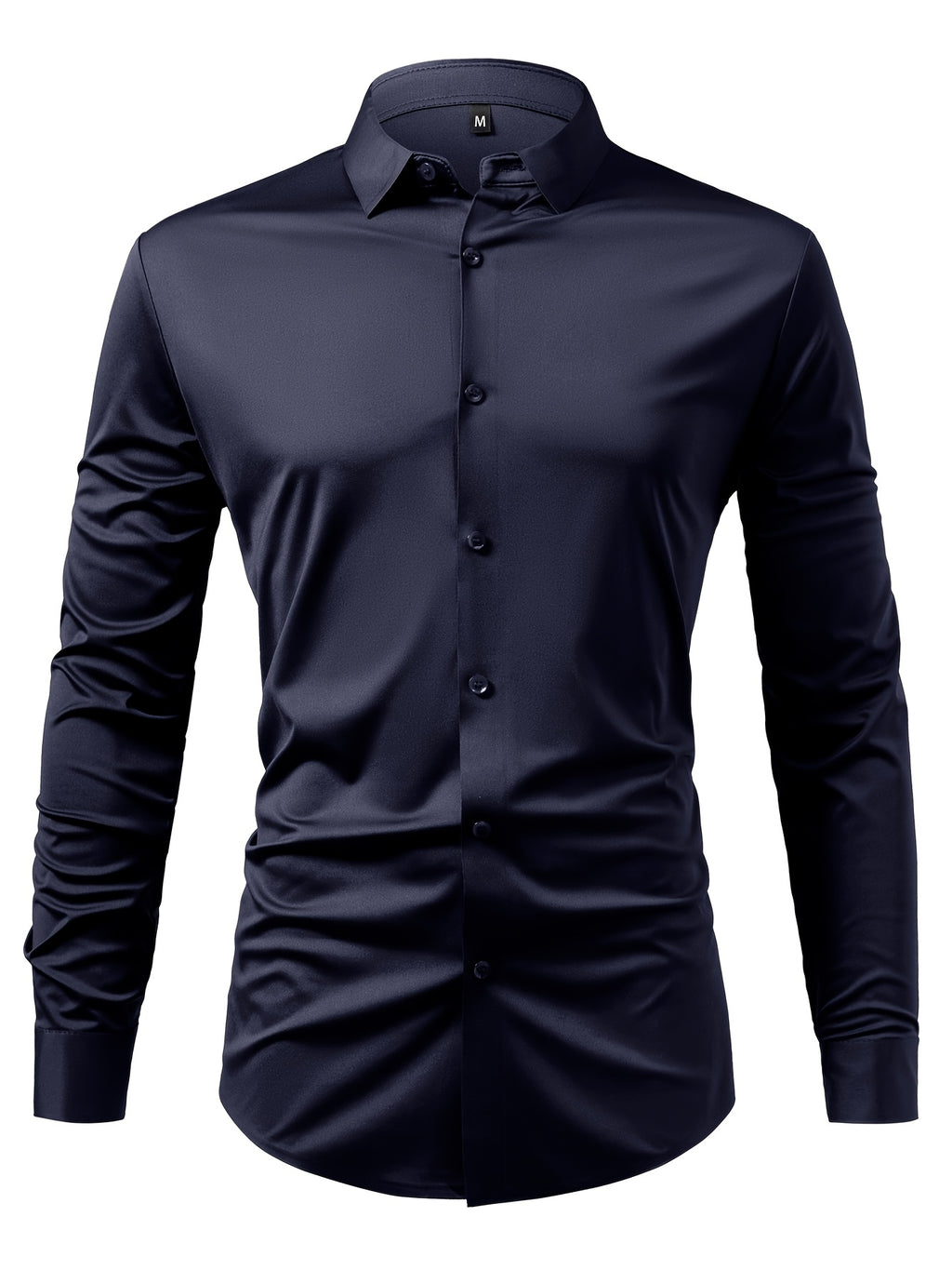 2pcs Set of Seamless Pressure Adhesive High-Elasticity Non-Iron Men'S Dress Shirt Long Sleeve Business Casual Formal Top, Material 88% Polyester 12% Spandex, Fabric Weight 160G, Casual - Navy + Navy