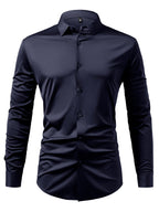 2pcs Set of Seamless Pressure Adhesive High-Elasticity Non-Iron Men'S Dress Shirt Long Sleeve Business Casual Formal Top, Material 88% Polyester 12% Spandex, Fabric Weight 160G, Casual - Navy + Navy