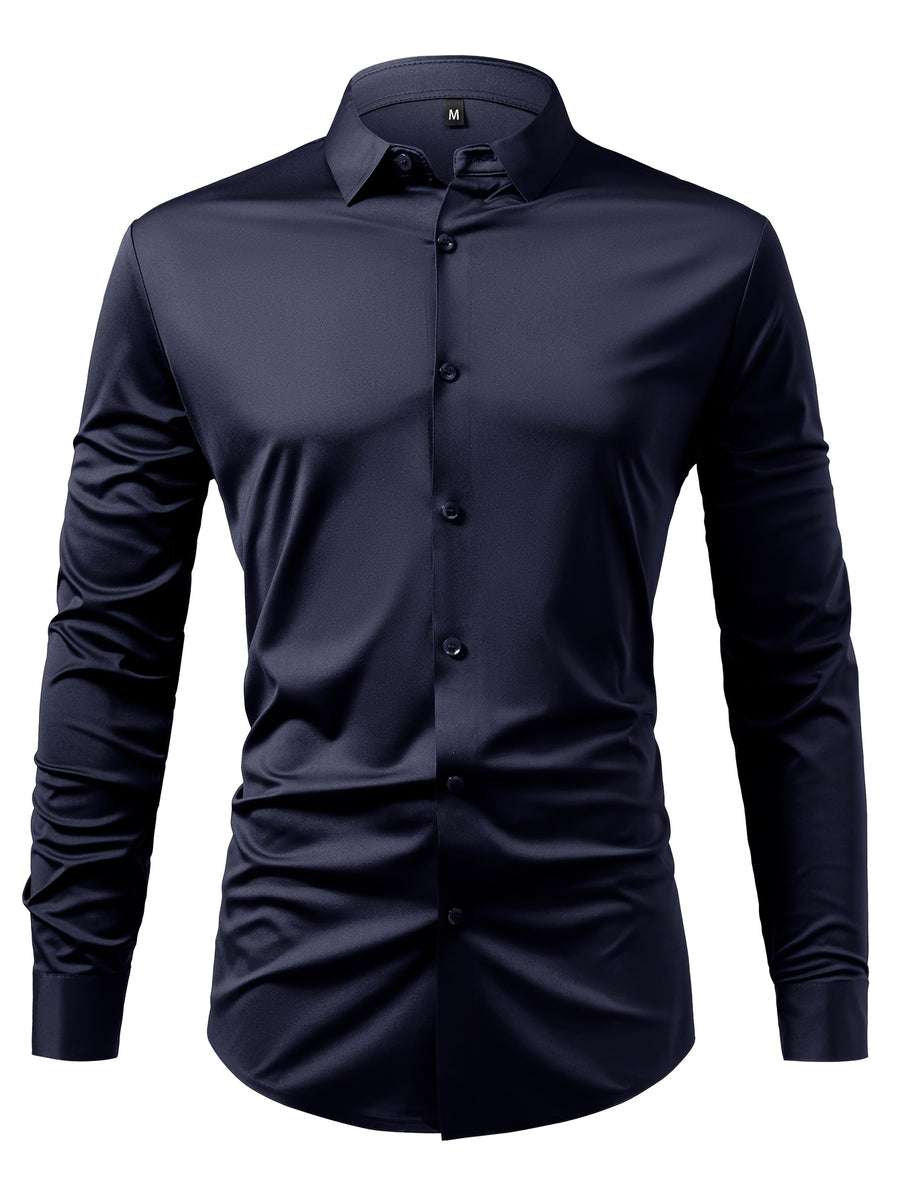 2pcs Set of Seamless Pressure Adhesive High-Elasticity Non-Iron Men'S Dress Shirt Long Sleeve Business Casual Formal Top, Material 88% Polyester 12% Spandex, Fabric Weight 160G, Casual - Navy + Navy