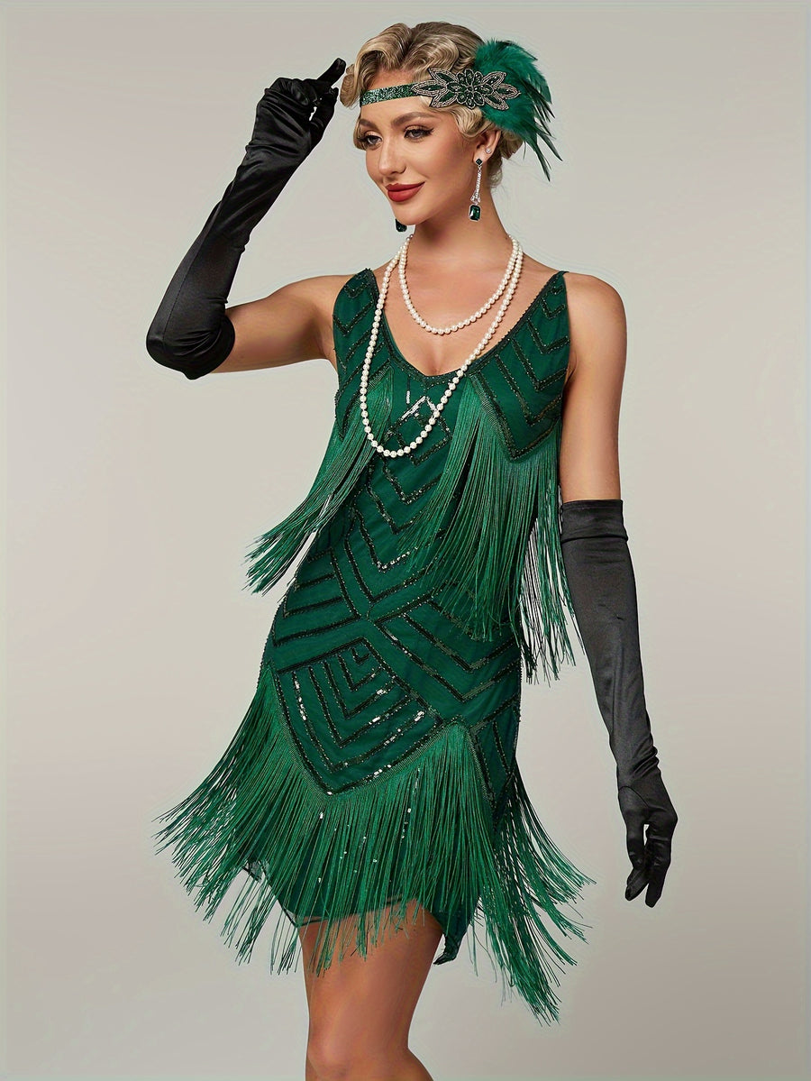 1920S Vintage Sequin Cape Gatsby Flapper Dress Tassel Evening Party Dress for Women Sequined Dress with Beads Toast Small Formal Dress - Green