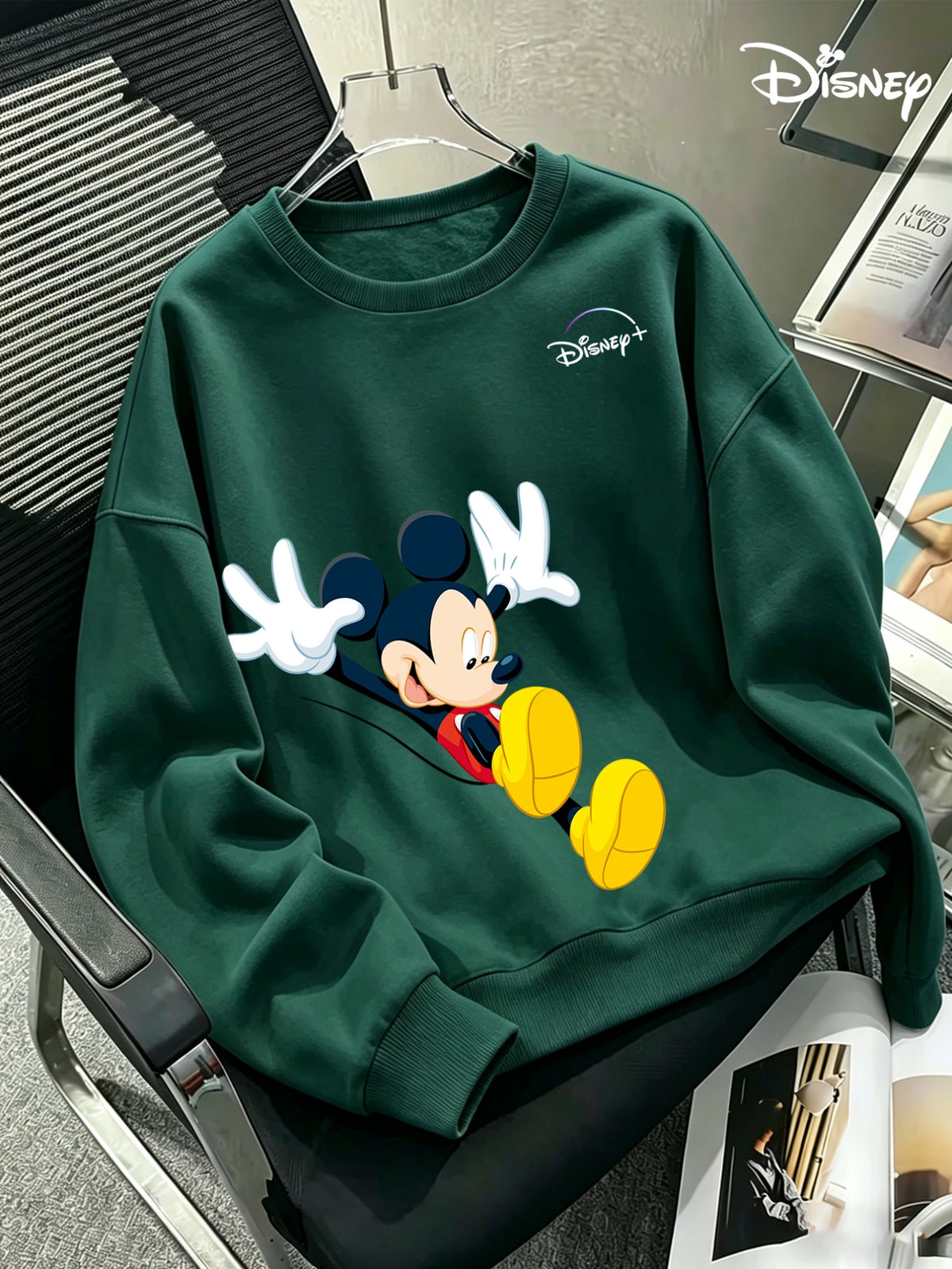 Men'S Round Neck Sweatshirt, Casual Versatile Autumn Winter Clothing, Mickey Mouse Cartoon Character Classic Pose Happy Expression Print Fashion Easy Long Sleeve Top, Design Men'S Casual Sweatshirt, Suitable for Daily Wear, Casual Athletic Wear - Blackish Green