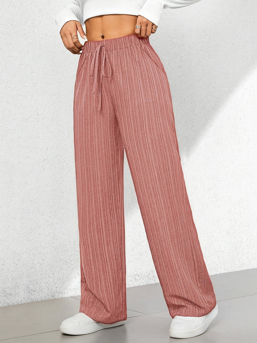 Women's Elegant Straight-leg Trousers with Tree Grain Wrinkle-texture Micro-stretch Fabric, Featuring a Comfortable Elastic Waistband with Drawstring Detail and Side Slant Pockets. Suitable for All Seasons - Peach