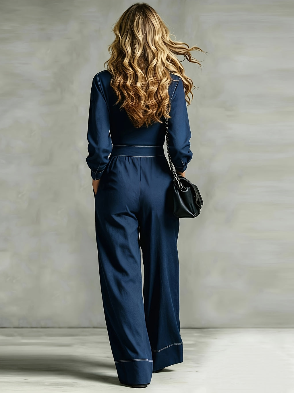 2026 Stand-Up Collar Waist-Cinching Jumpsuit Women'S Contrast Stitching Wide-Leg Cargo Casual Long Trousers - Blue