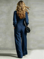 2026 Stand-Up Collar Waist-Cinching Jumpsuit Women'S Contrast Stitching Wide-Leg Cargo Casual Long Trousers - Blue