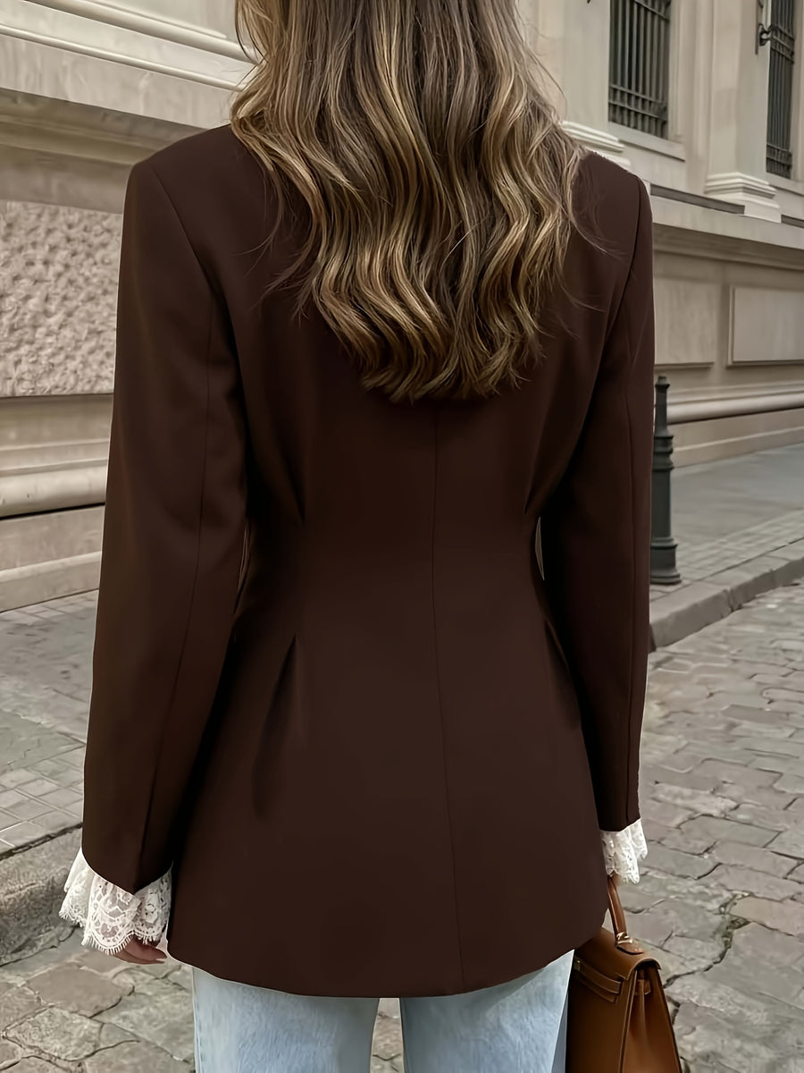 Women's Lapel Casual Blazer with White Eyelash Lace Cuffs, Single-button Waist-cinching Slim-fit Commuting Spring/autumn Elegant Suit Jacket - Reddish Brown