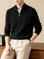 Du Jing Lan OBM Spring/Autumn New Arrival Men's Knitted Pullover, Old Money Style Solid Color Half-Open Placket Stand Collar Long Sleeve Knitted Pullover, Men's Business Casual Fashion Ribbed Sweater, Suitable for Layering or Wearing as an Inner - Black