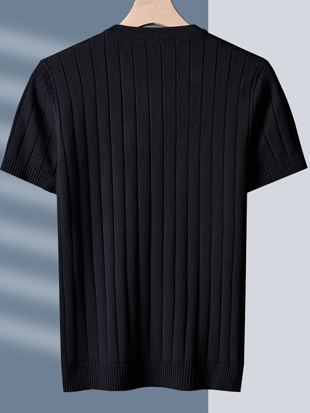 Men'S Stylish And Versatile Solid Color Round Neck Sweater with Ribbed Design, Short-Sleeved for Summer Casual Wear, Knit - Black