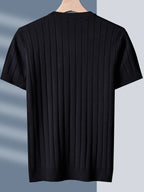 Men'S Stylish And Versatile Solid Color Round Neck Sweater with Ribbed Design, Short-Sleeved for Summer Casual Wear, Knit - Black