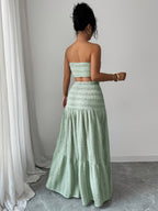 Women'S Jacquard Twisted Short Top And Loose Skirt Set, Elegant Fashion, Suitable for Birthday, Date, Party, Formal Occasions, Music Festival, Valentine'S Day, Easter, Labor Day, Back to Party, Singles' Day, Spring And Summer Wear - Olive Green