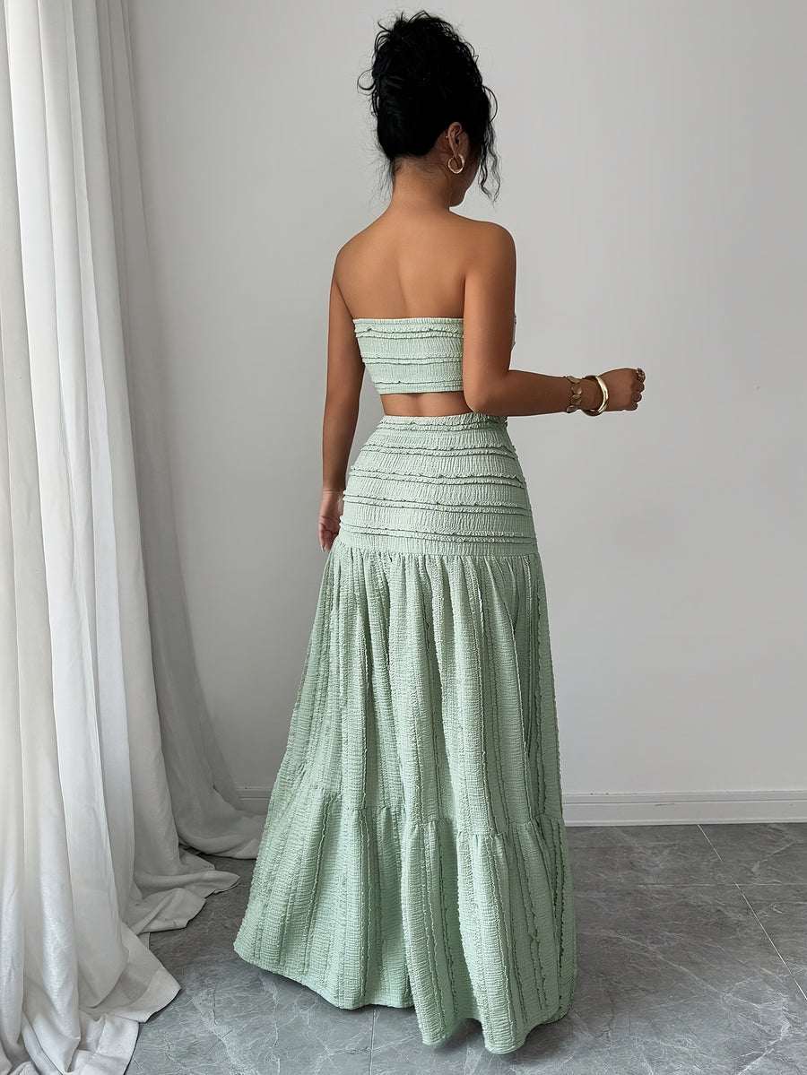 Women'S Jacquard Twisted Short Top And Loose Skirt Set, Elegant Fashion, Suitable for Birthday, Date, Party, Formal Occasions, Music Festival, Valentine'S Day, Easter, Labor Day, Back to Party, Singles' Day, Spring And Summer Wear - Olive Green