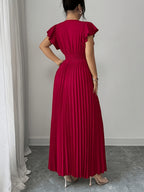 Spring And Summer New Elegant Ladies Slim V-Neck Dress with Pleated Craftsmanship, Large Skirt, Ruffled Lotus Leaf Sleeves, Valentine'S Day Party Gathering Elegant Dress, Commuting Fashion Skirt - Red
