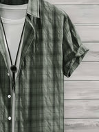 Men's Summer Casual Texture Checkered Short Sleeve Loose Fit Outdoor Trendy Fashion Front Closure Flap Collar Shirt - Olive Green