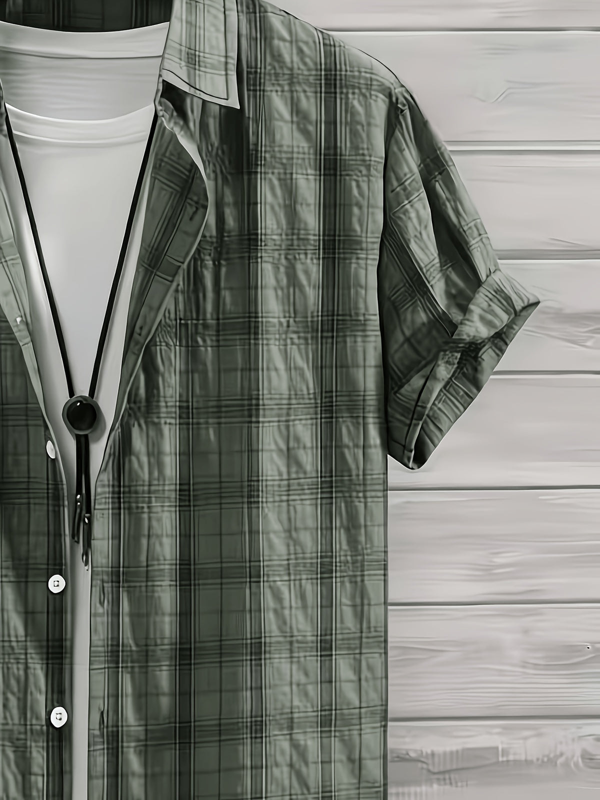 Men's Summer Casual Texture Checkered Short Sleeve Loose Fit Outdoor Trendy Fashion Front Closure Flap Collar Shirt - Olive Green