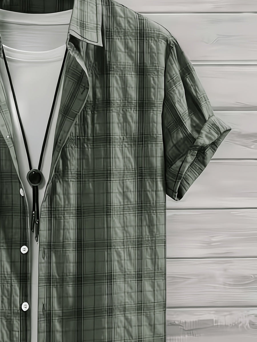 Men's Summer Casual Texture Checkered Short Sleeve Loose Fit Outdoor Trendy Fashion Front Closure Flap Collar Shirt - Olive Green