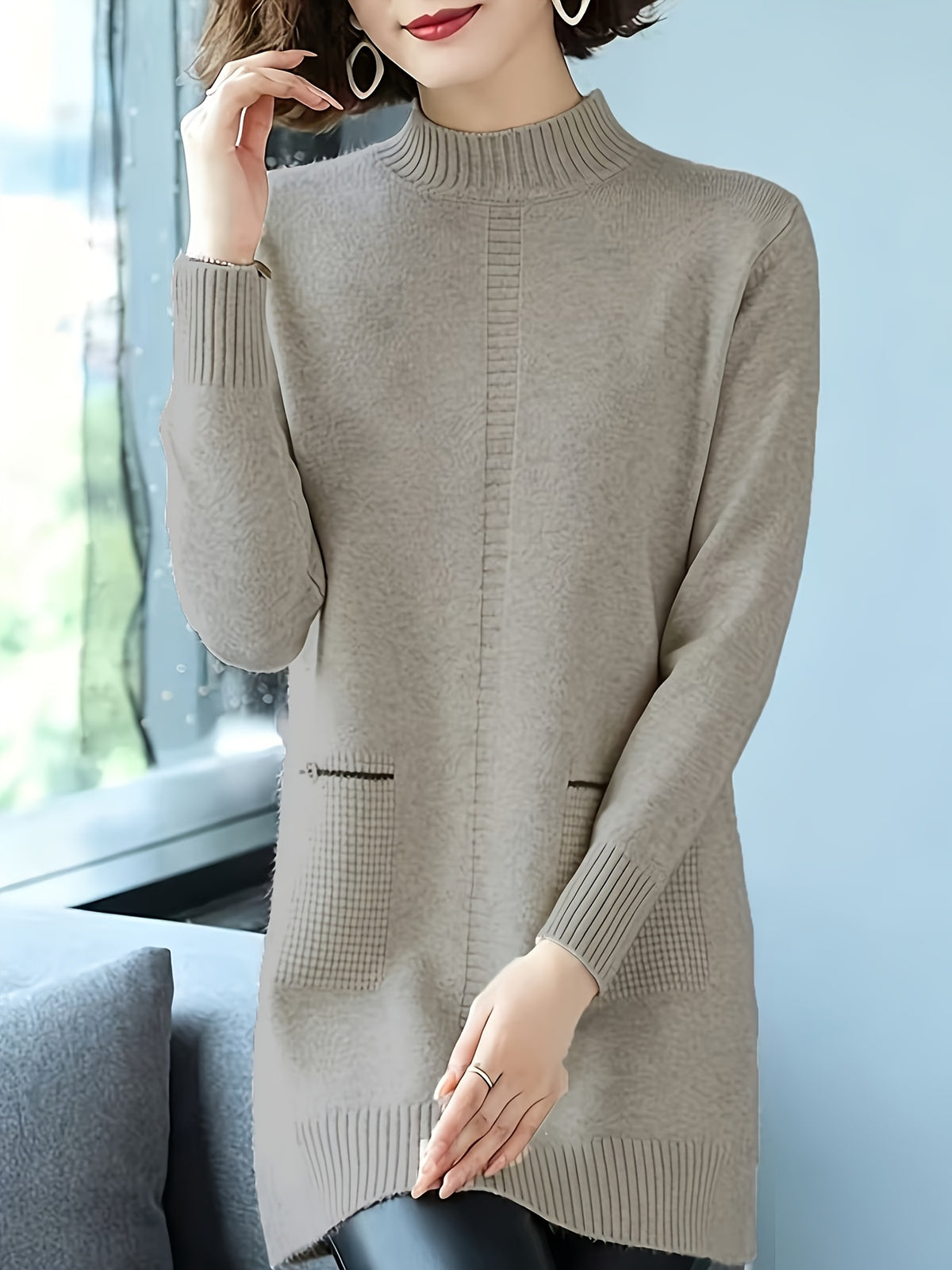 Women'S Half-Turtleneck Mid-Length Dress, 2026 Autumn/Winter New Style Loose Base Layer Sweater - Camel
