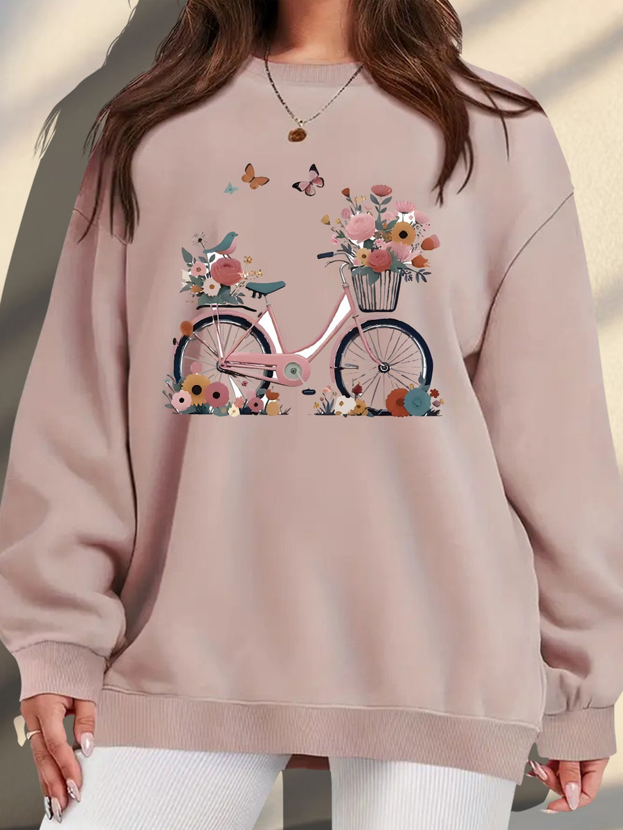 Plus Size, Extended Apparel: Women's Spring/Autumn/Winter Cross-Border European & American Plus-Size Simple Graphic Print Sweatshirt, Casual Crew Neck Sweatshirt, Women's Plus-Size Sweatshirt - Light Pink