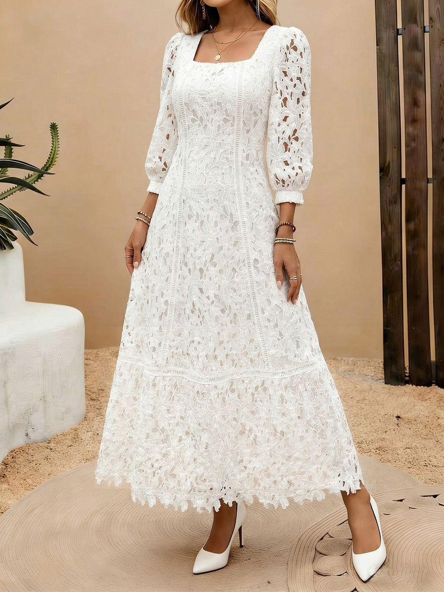 Heavy-Handcrafted French Lace Maxi Dress, Stylish Square Neck with Exquisite Cutout Lace, Elegant And, Ideal for Daily Commute And Dates NIANNIAN Women'S Wear - White