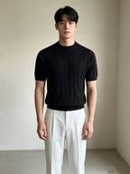 Old Money Style Knit Short Sleeve Men'S Summer Relaxed Round Neck Thick Rib Tencel Blend Half Sleeve Top - Black