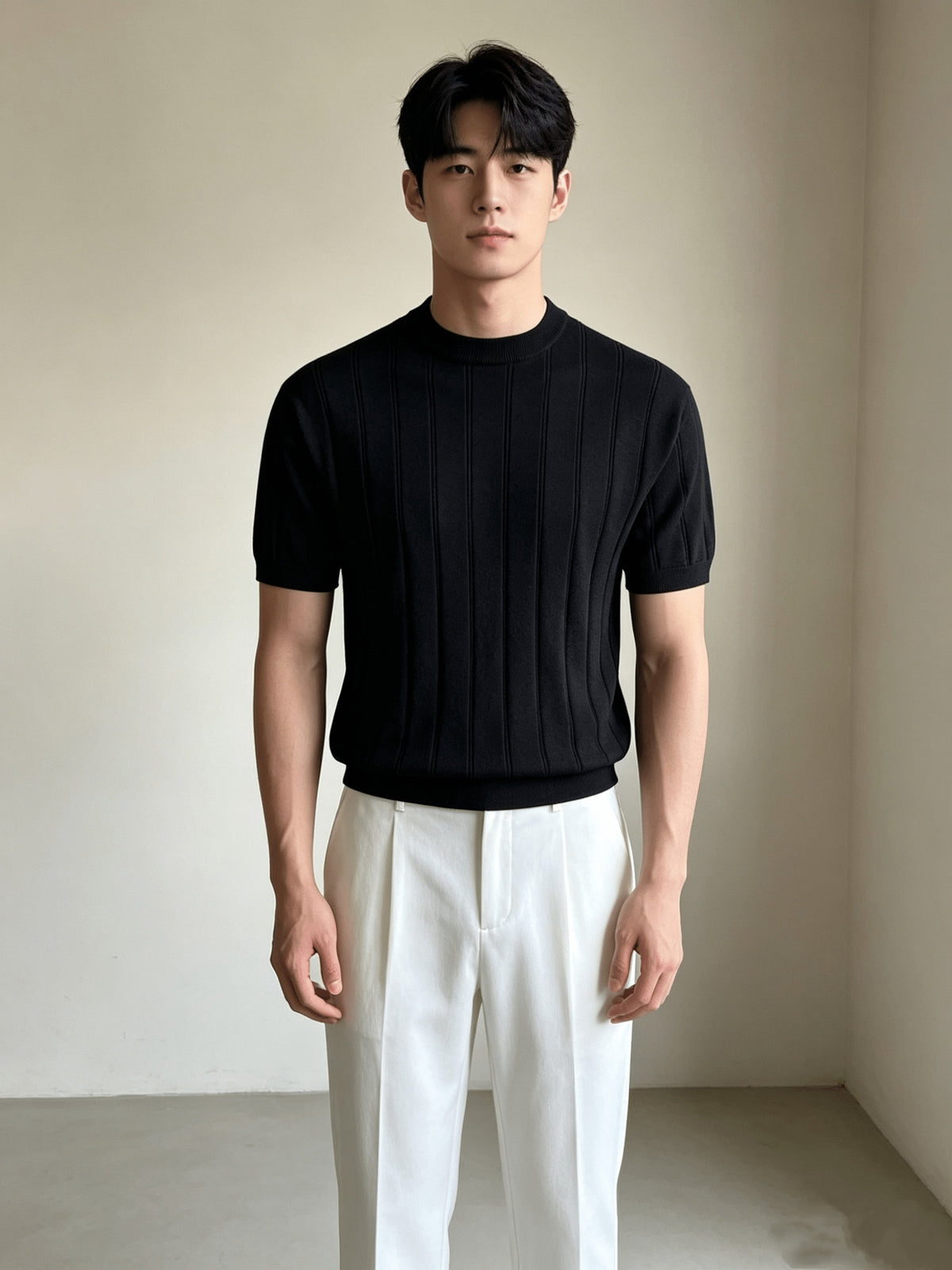 Old Money Style Knit Short Sleeve Men'S Summer Relaxed Round Neck Thick Rib Tencel Blend Half Sleeve Top - Black