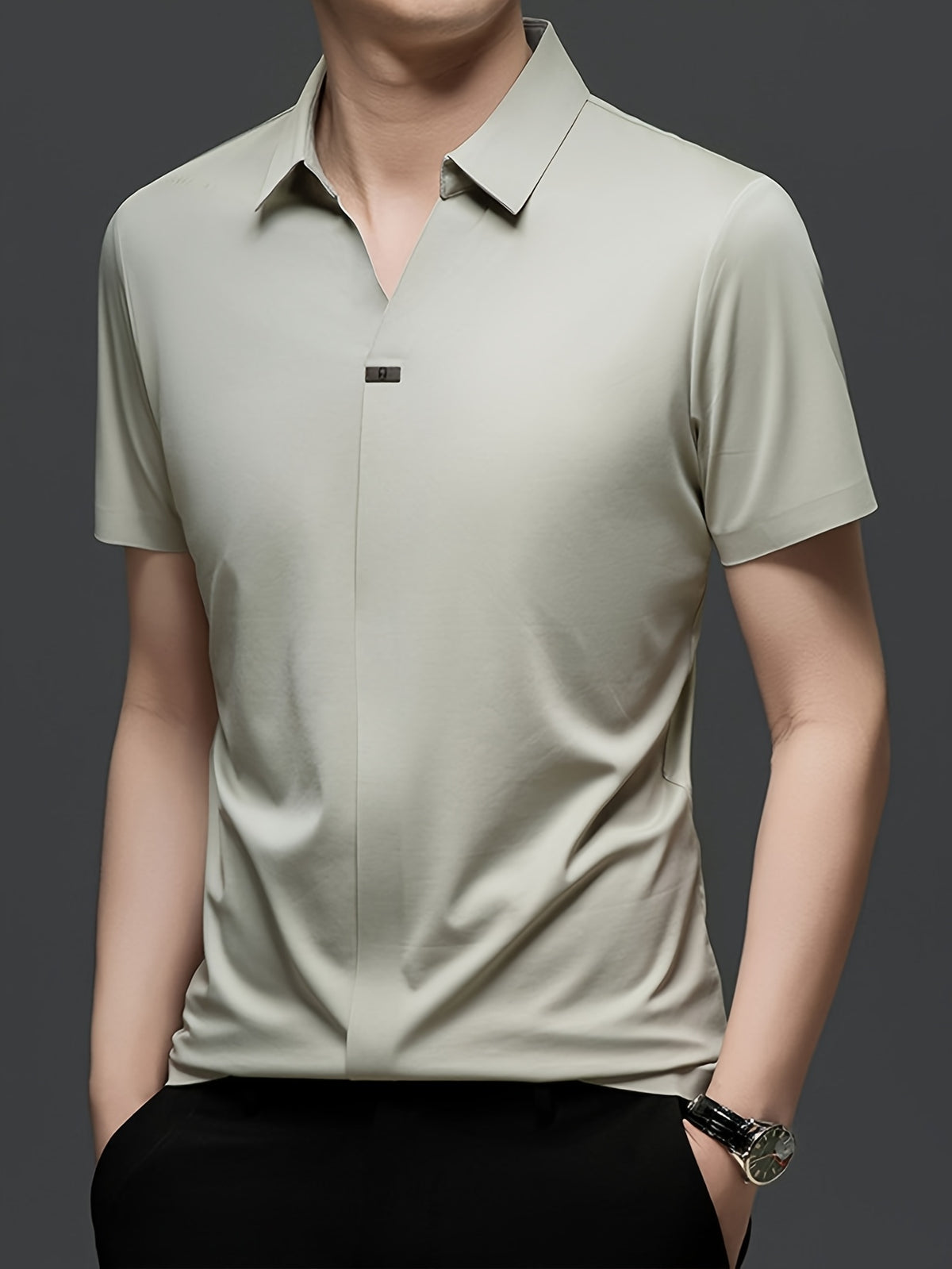 Summer New Men'S Short Sleeve Shirt Outerwear Fashion Trendy All-Match V-Neck Polo Collar - SINBOS - Beige Apricot