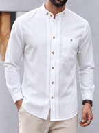 Men'S Casual Long Sleeve Shirt Early Autumn New Henley Collar White Casual Shirt Side Stripe Design Solid Color Long Sleeve Shirt with Pockets, Suitable for Daily Commute And Outdoor Travel, Fashionable Versatile Spring Autumn Long Sleeve Shirt - White
