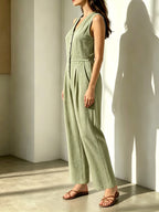 YYTT Women's V-Neck Sleeveless Button-Up Elegant Wide-Leg Jumpsuit - Matcha Color