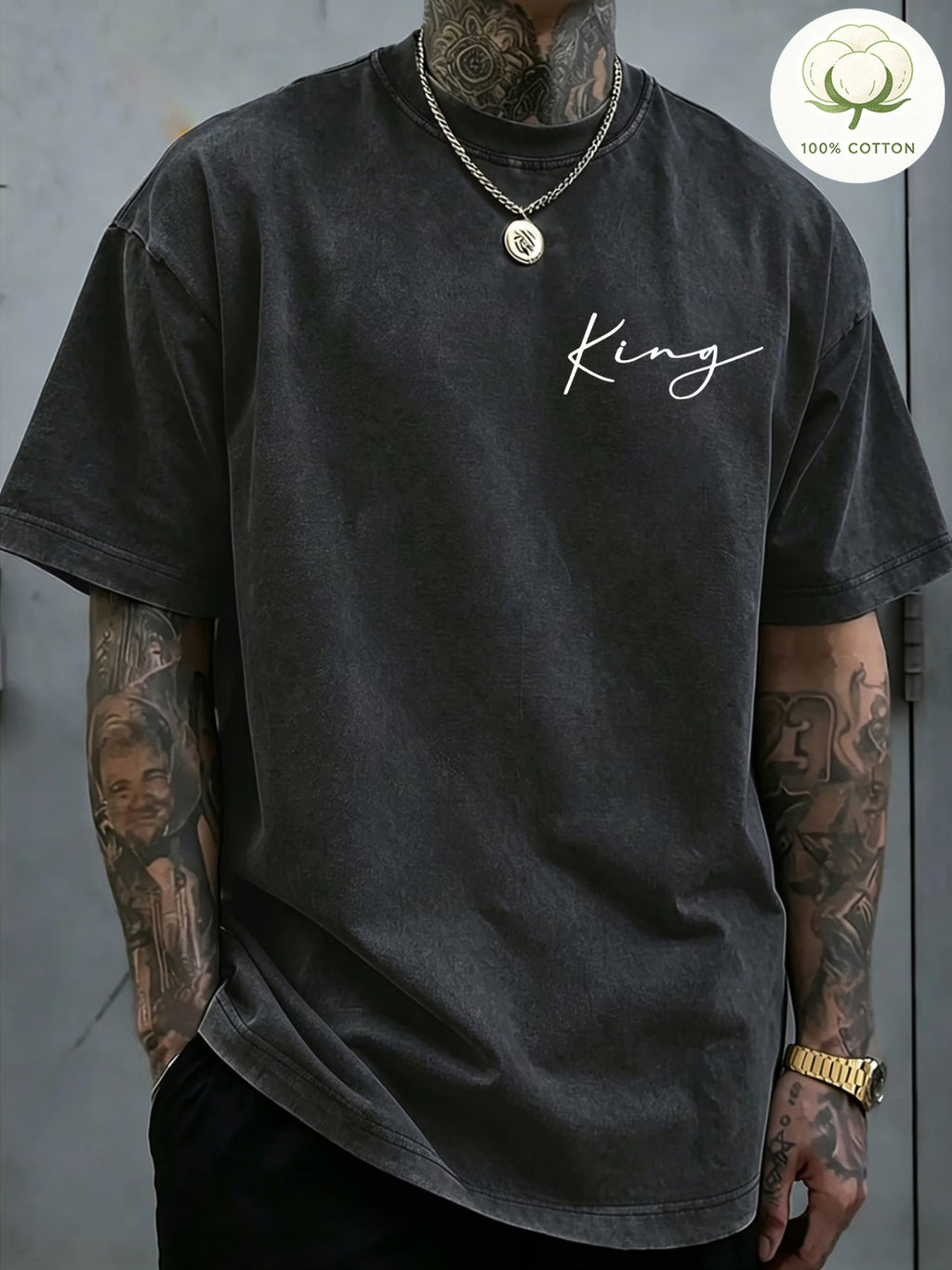 Men'S 100% Washed, Wolf King Print Pattern Retro Round Neck T-Shirt, Casual All-Match Loose Summer Short Sleeve T-Shirt, Daily Wear - Black