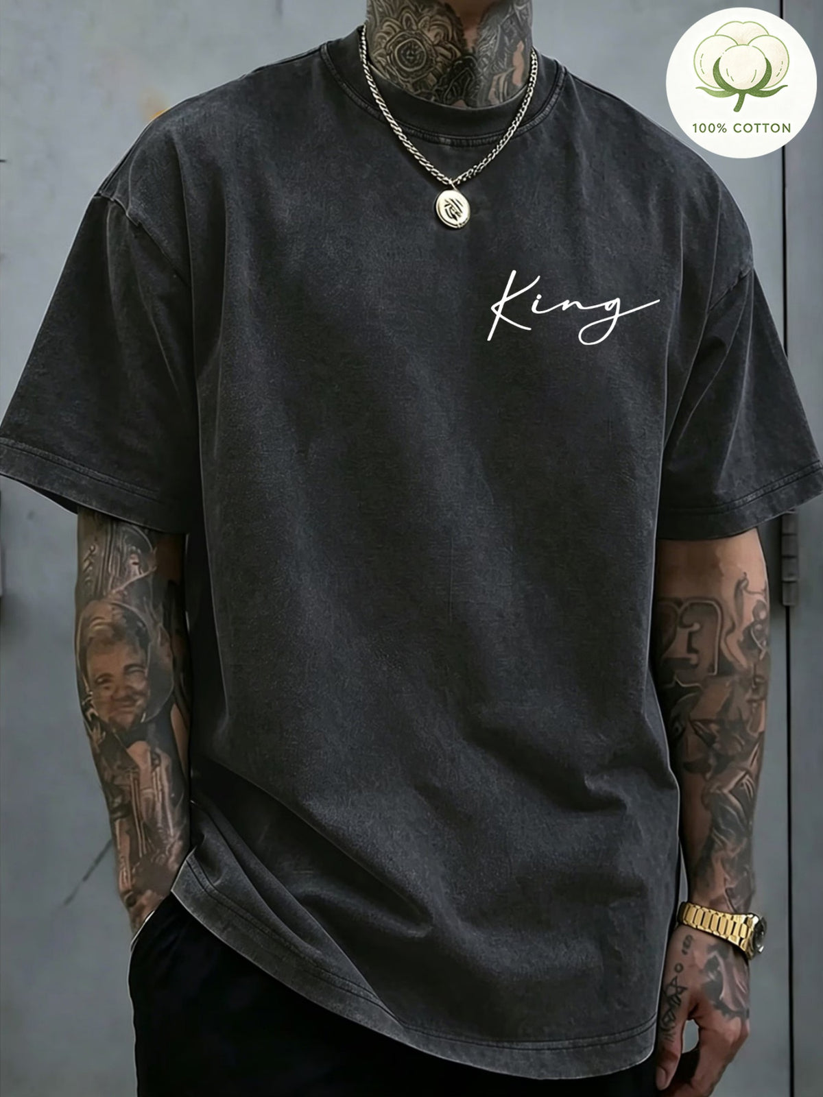 Men'S 100% Washed, Wolf King Print Pattern Retro Round Neck T-Shirt, Casual All-Match Loose Summer Short Sleeve T-Shirt, Daily Wear - Black