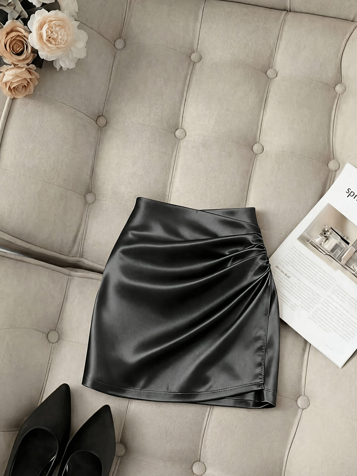 Fashionable New Satin Asymmetrical Skirt, Spring Summer High-Waist Fitted Tight Sexy Women'S Elegant Midi Skirt - Black