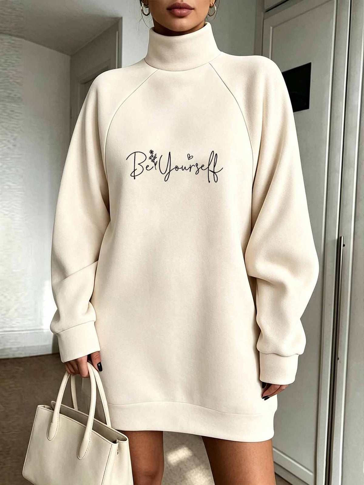 Be Yourself Flower Lettering Womens Sweatshirt Autumn Winter Long Length Outdoor Office Travel Party Date Casual Wear - Apricot
