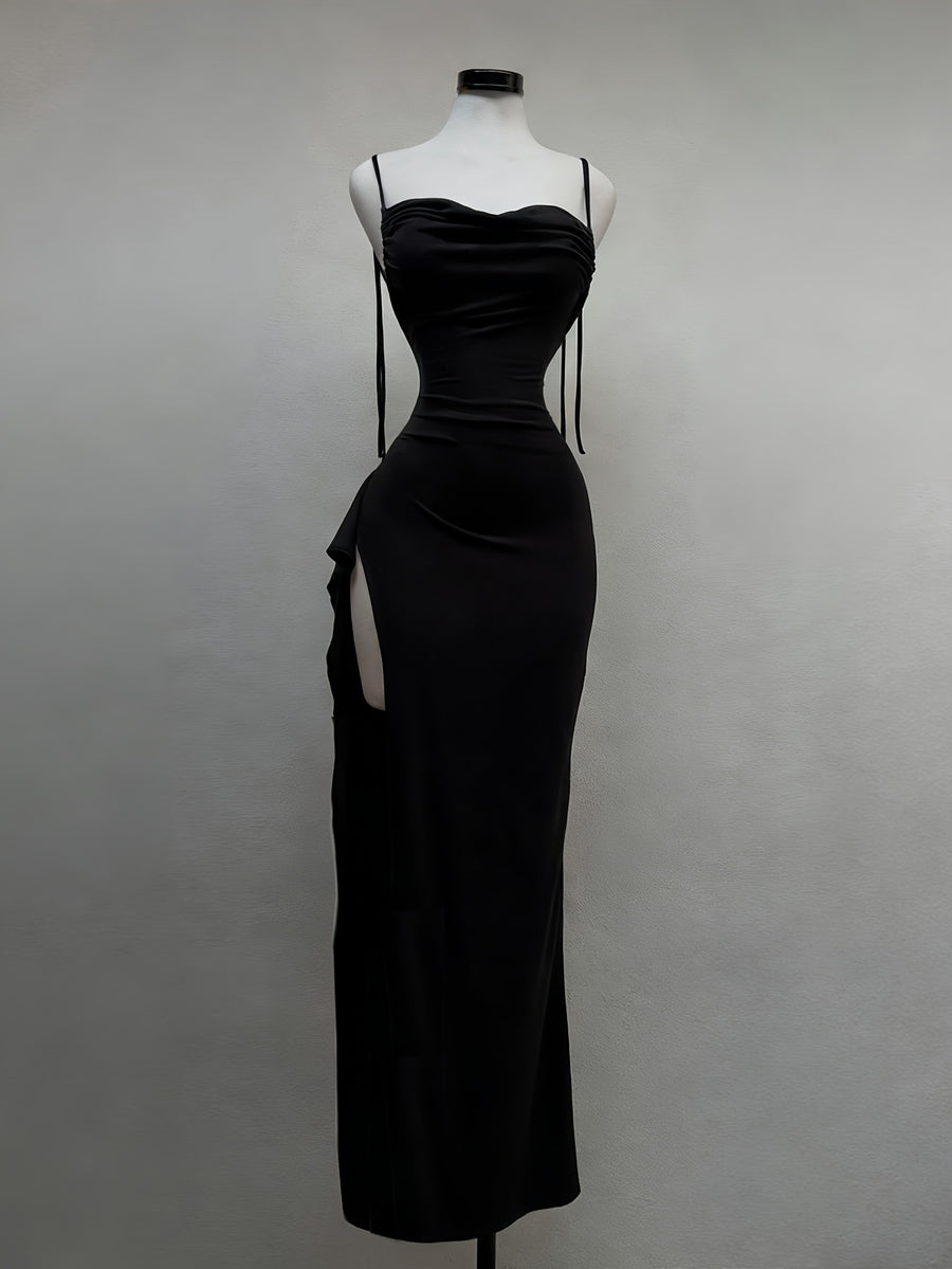 Women's Sexy Solid Color Side Slit Ruffle Hem Backless Camisole Maxi Dress - Black