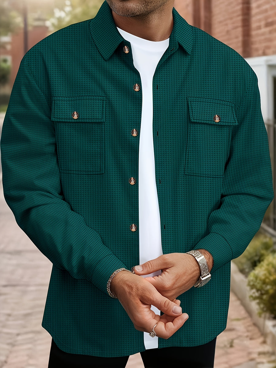 Men'S Waffle Knit Long Sleeve Button-Up Shirt, Casual Lapel Workwear with Chest Pocket, Lightweight And Breathable Daily Top, Autumn Menswear - Dark Green