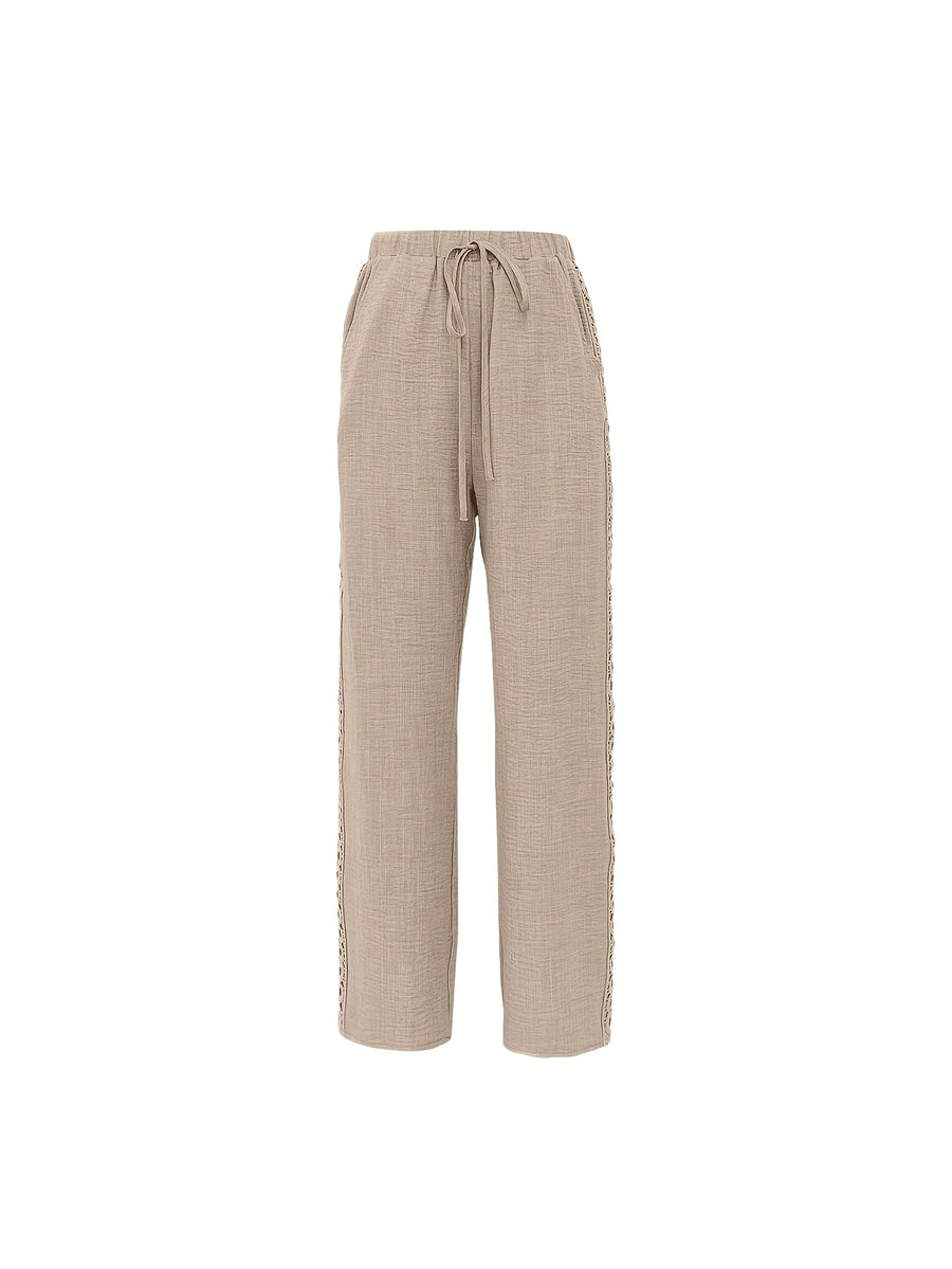 Spring-Summer Solid Color Fashion Casual Side Seam Lace Pants - Apricot