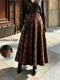 Women'S High-Waist Plaid Skirt, Elegant Fall Winter Outfit, A-Line Silhouette, Effect, Commute Date Casual Vacation Long Dress - Coffee Color