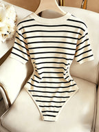 New V-Neck Striped Short Sleeve Tight Top Base Layer Temperament Elegant Style Suitable for Daily Wear ASD1 - Apricot