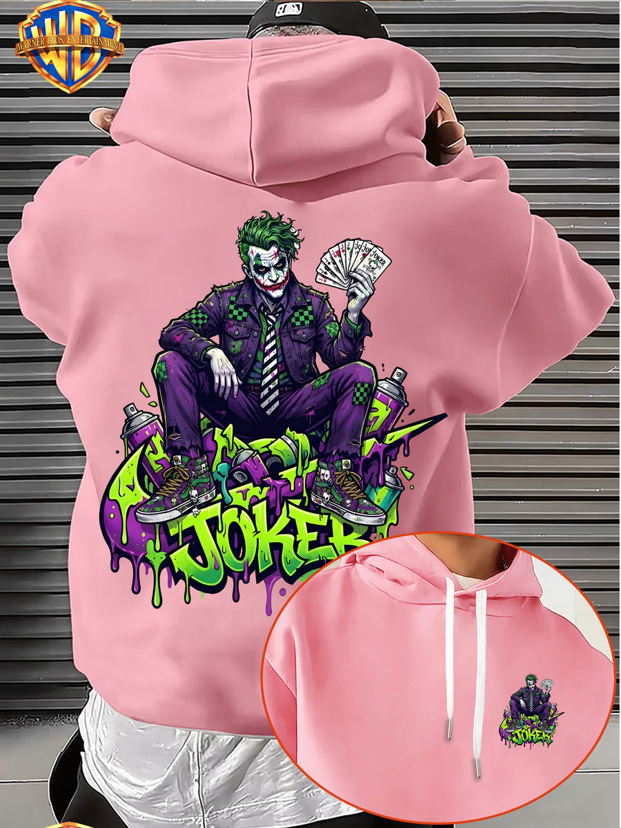 Warner Bros. JOKER Purple-Green Color Block Graffiti Art Font Spray-Painted Background Plaid Workwear Style Sneakers with Paint Drip Cool Print Men's Fashion Hooded Sweatshirt, Sleeve Print Design, Kangaroo Pocket, Drawstring Hood, Suitable for Daily - Pink Color